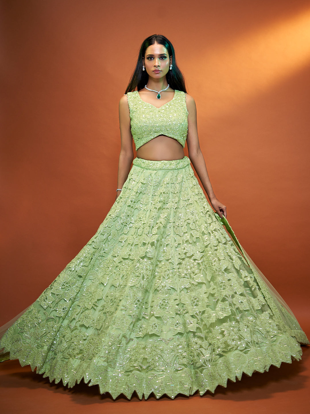 Green Net Lehenga