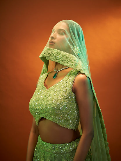 Green Net Lehenga