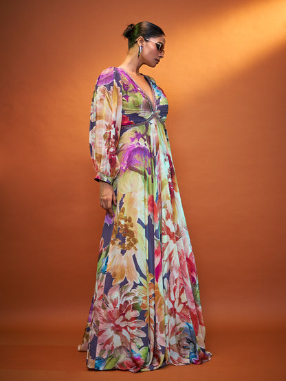 Print Multicolour Crepe Gown