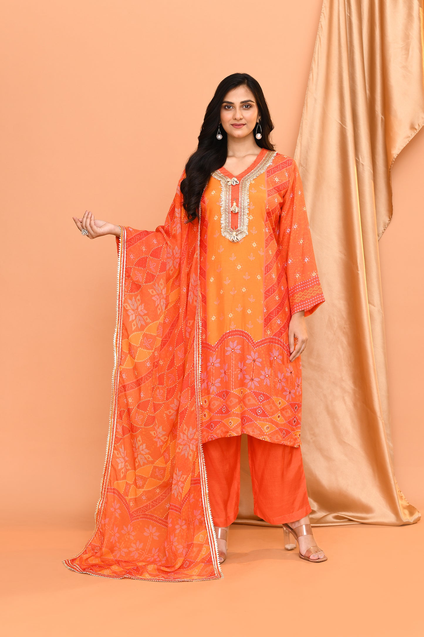 Orange Cotton & Georgette Dupatta Set