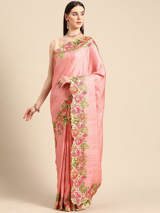 Designer Pink Linen Blend Saree