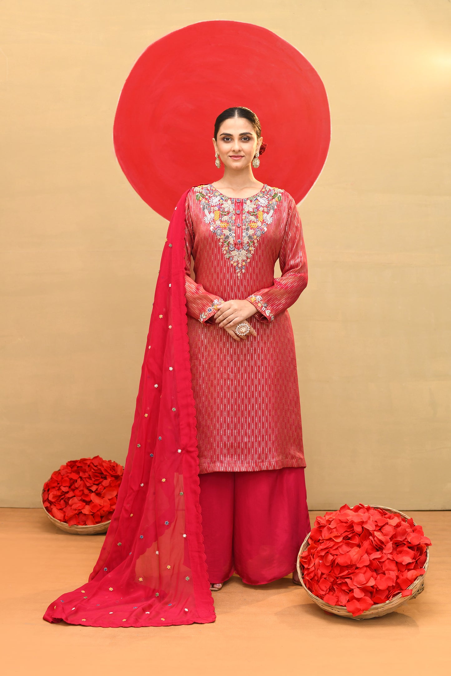 Luxurious Red Zari-Embroidered Kurta Set