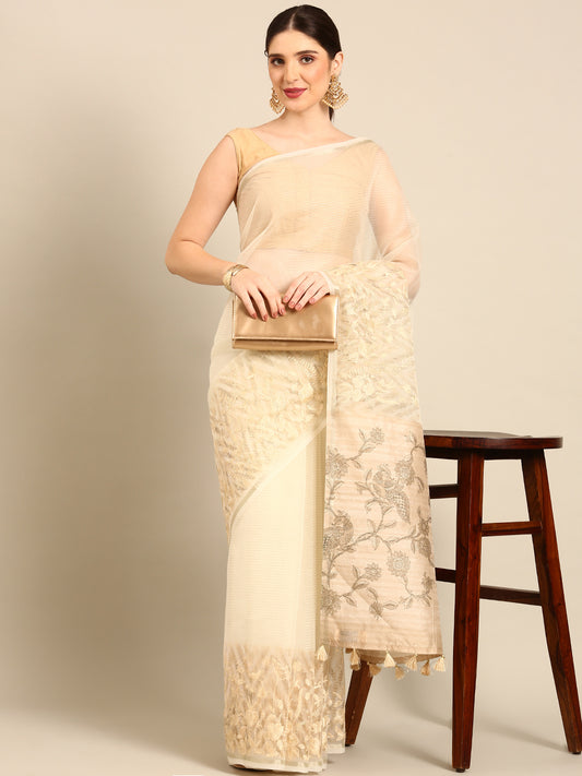 Designer Cream Silk Saree