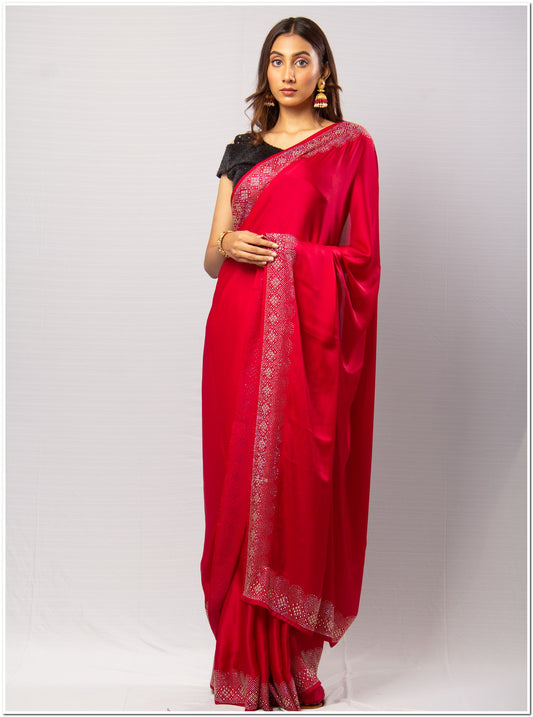 Red Santoon Saree With Sequence Blouse Piece.