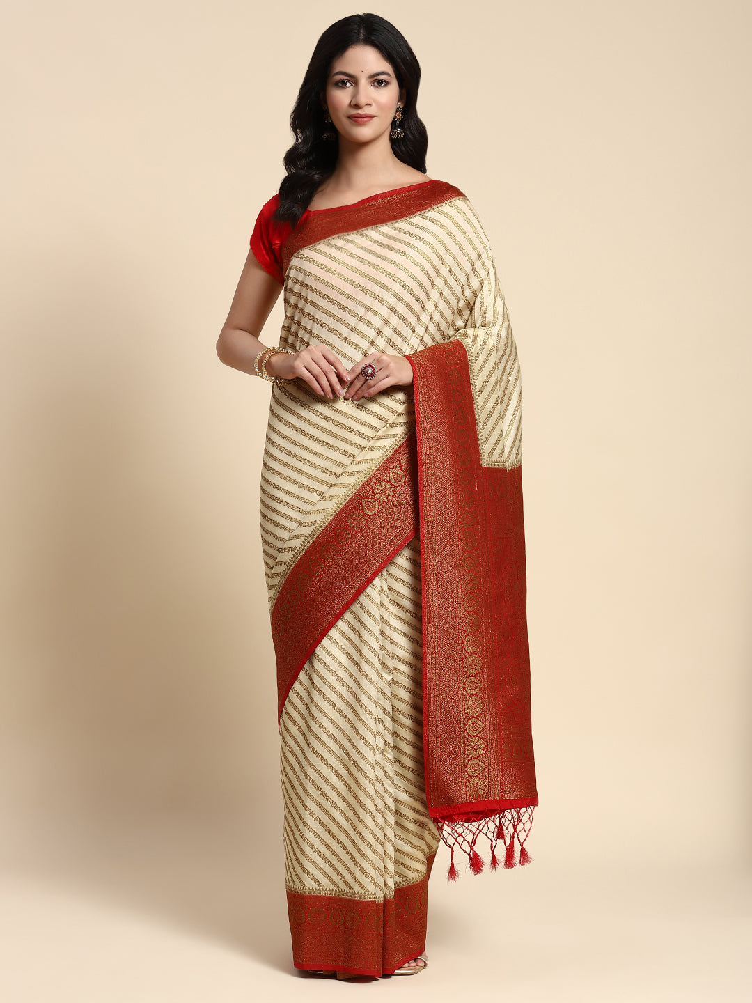 Off-White Printed Silk Saree