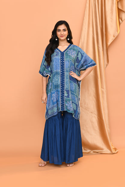 Blue Cotton Print Kaftan Kurta with Palazzo Pants