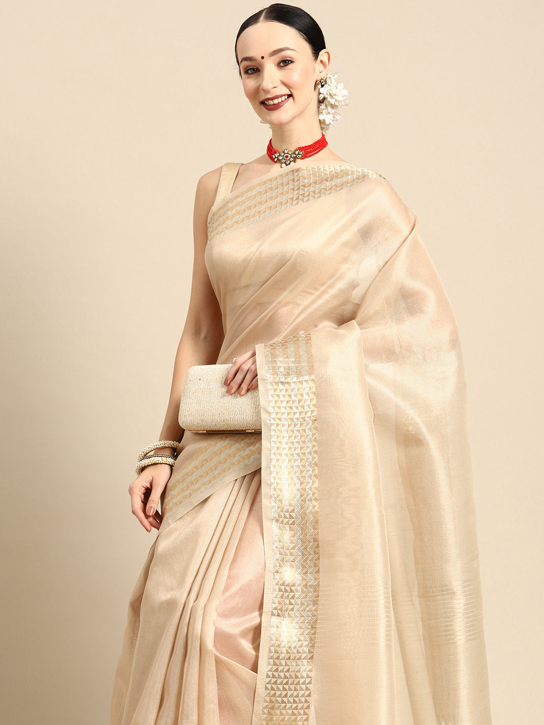 Designer Off-White Organza Saree