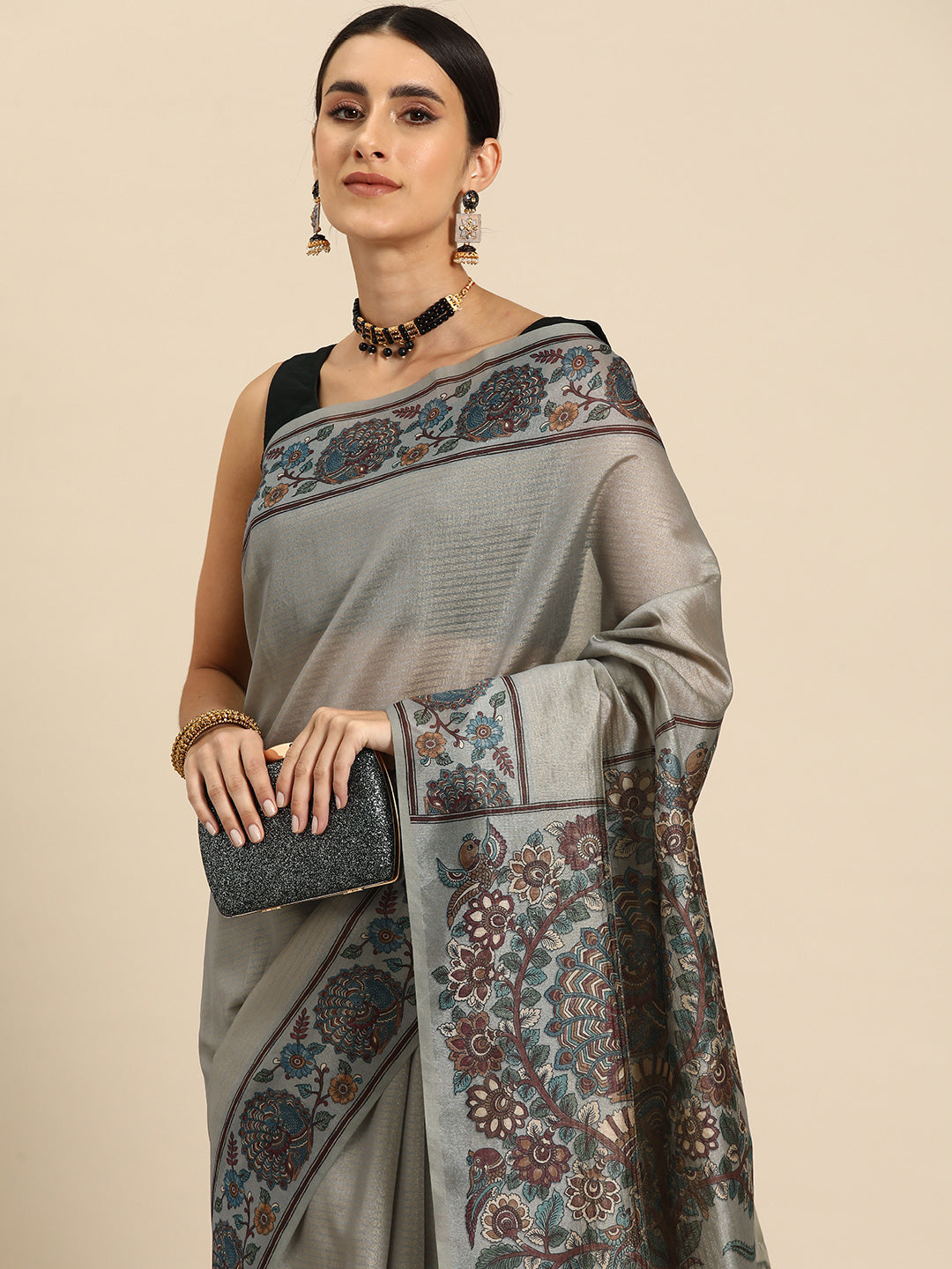 Designer Grey Silk Saree