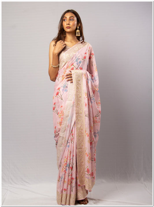 Pink Color Tissue Saree With Blouse Piece.