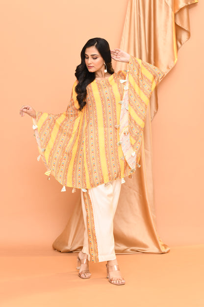 Yellow & White Georgette Kaftan Short Set