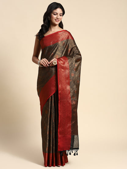 Chocolate brown & Red printed Silk Saree