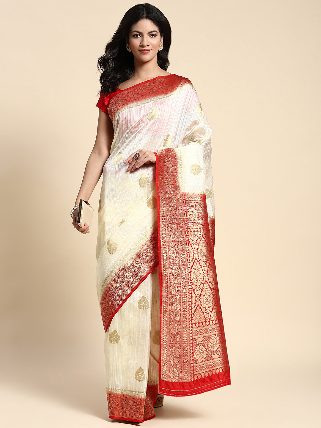 White & Red Printed Silk Saree