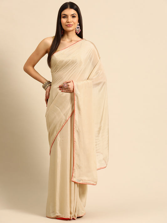 Designer Beige Satin Saree