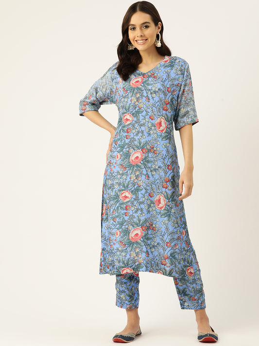 Desginer Blue Cotton Blend Kurta Set