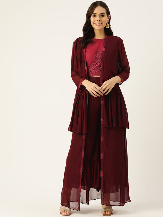 Designer Maroon Georgette Co-Ord Set