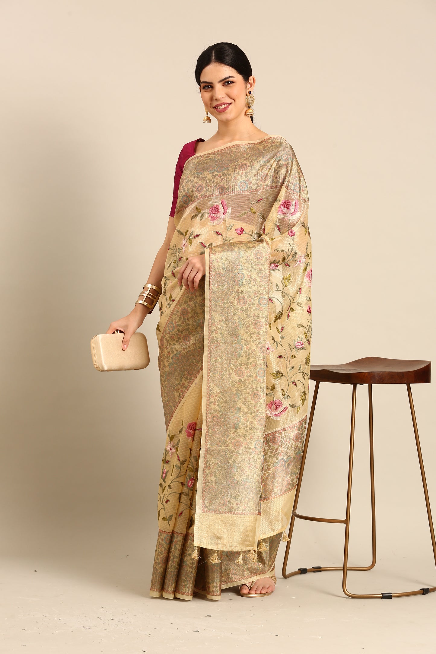 Designer Beige Silk Saree