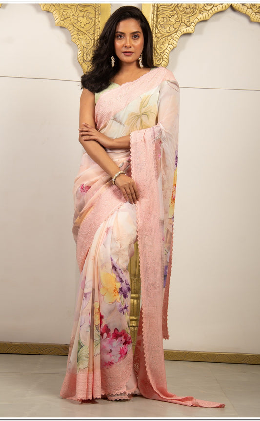 Pink Color Tissue Saree With Blouse Piece.