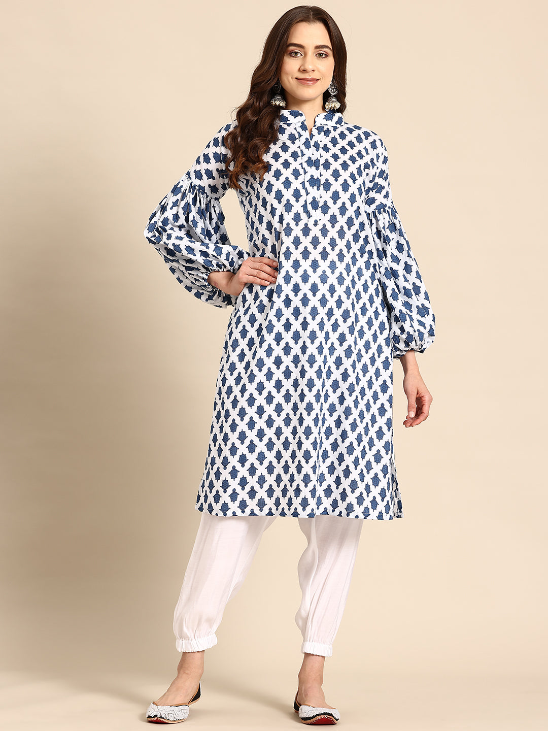 Classic White & Blue Cotton Kurta Set