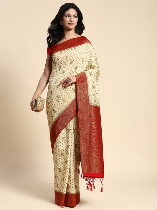 Off-White Printed Silk Saree