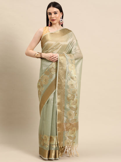 Designer Green Linen Blend Saree