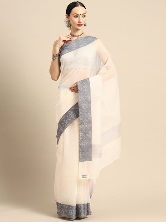 Designer White Silk Saree