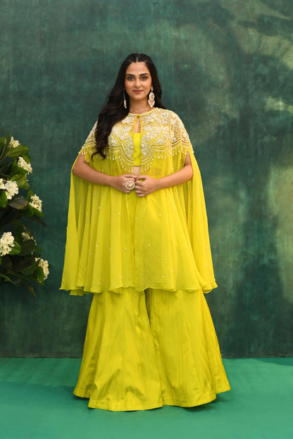 Yellow Silk Cape Jacket with Palazzo Pants