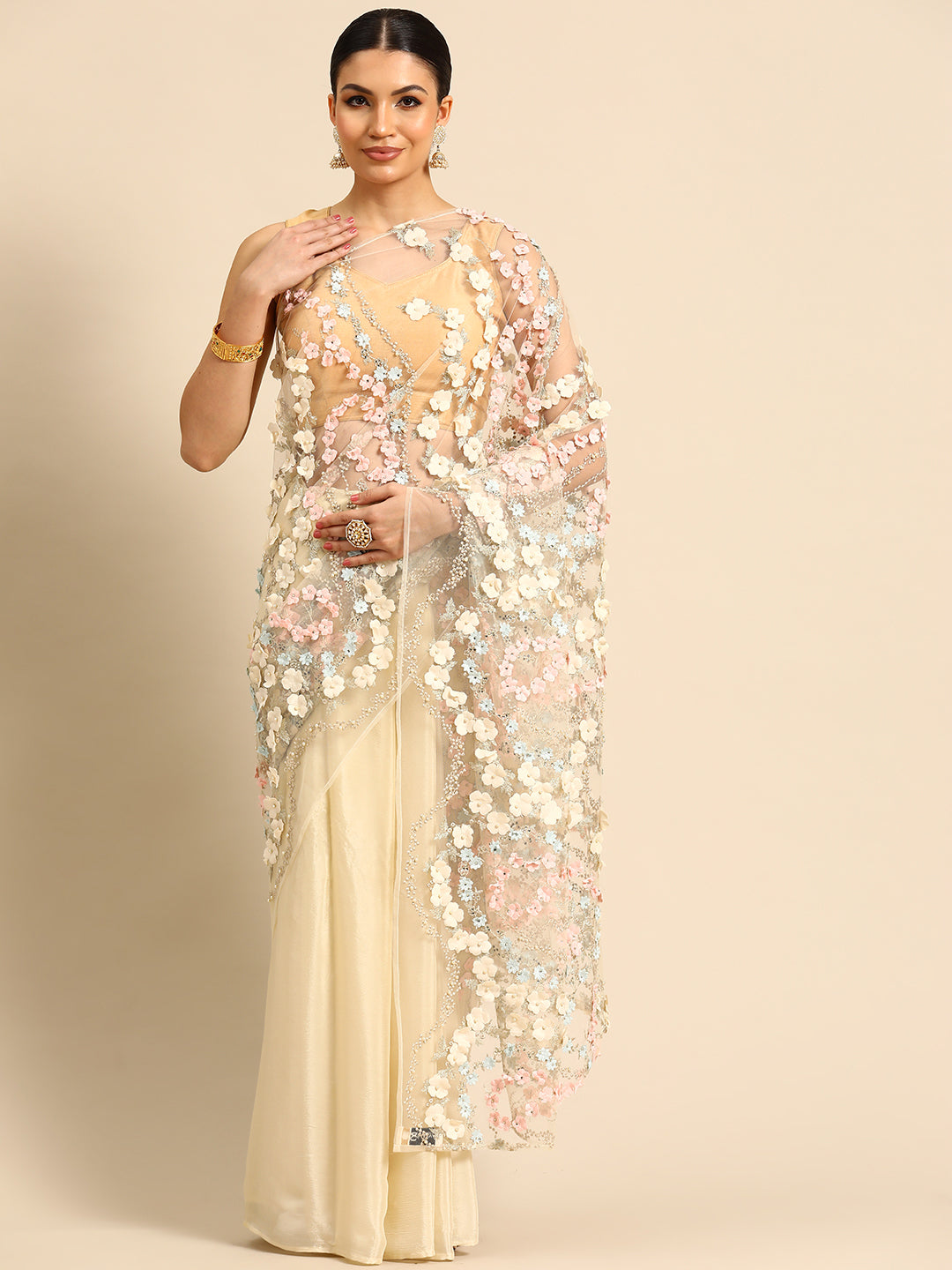 Desginer Beige Organza Saree