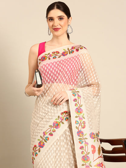 Designer White Silk Saree