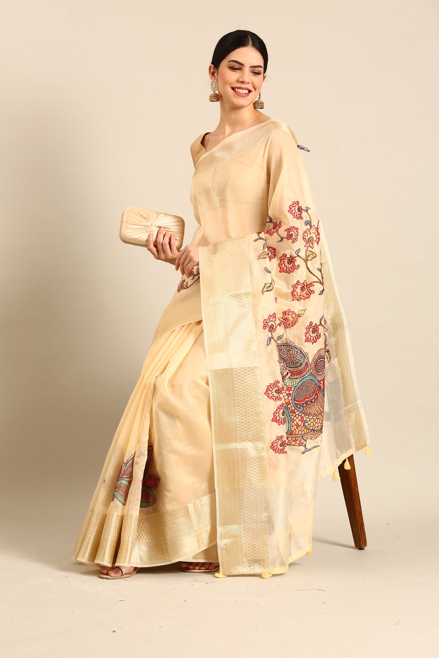 Designer Cream Silk Saree