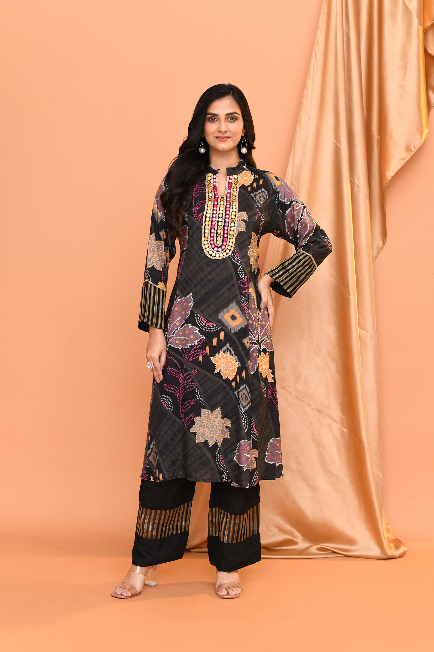 Black Cotton Print Kurta Pant Set