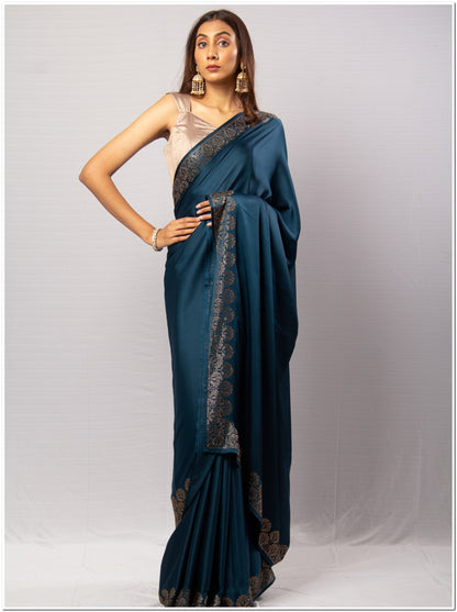 Teal Color Santoon Saree With Blouse Piece.