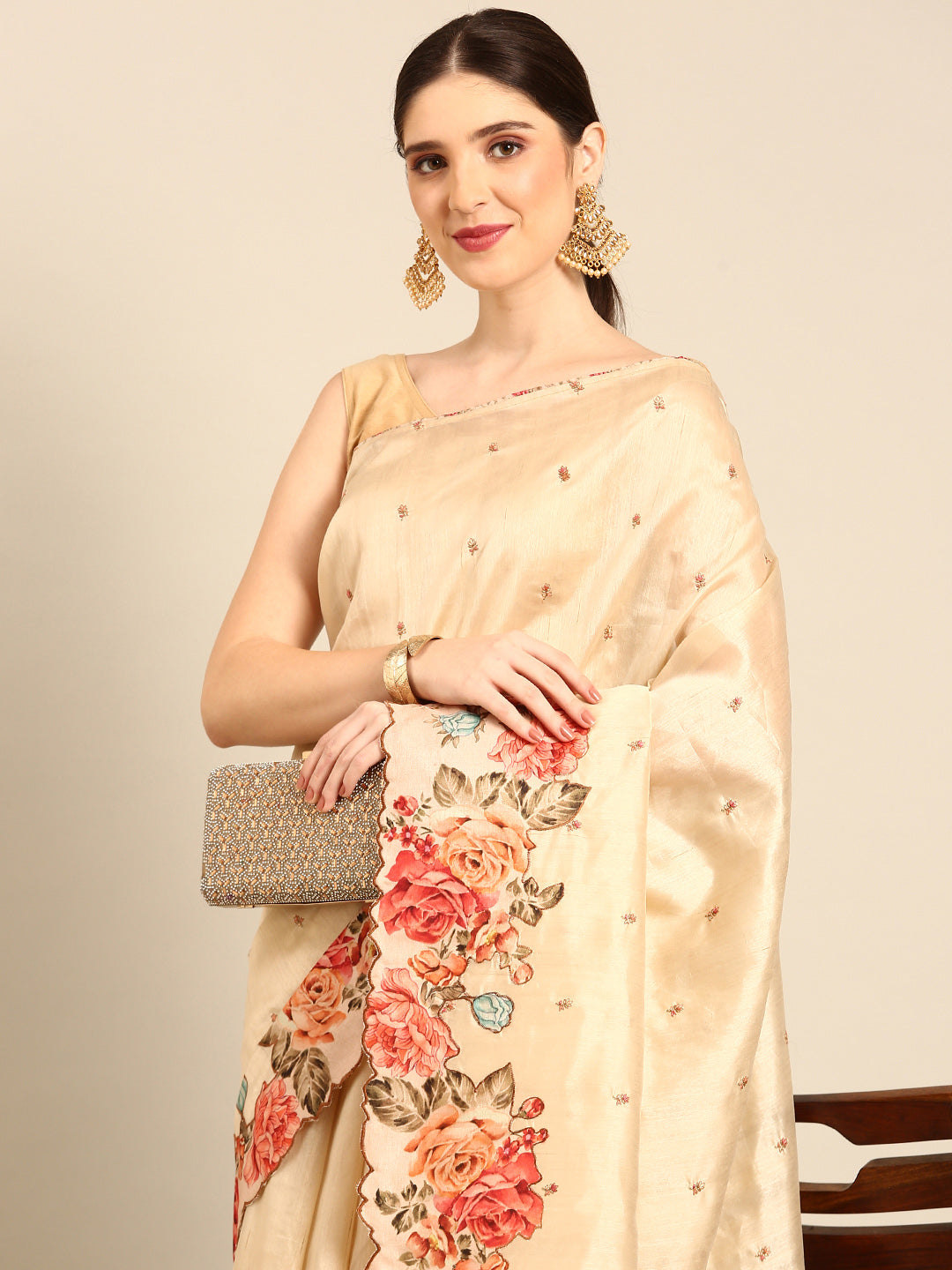 Designer Cream Silk Saree