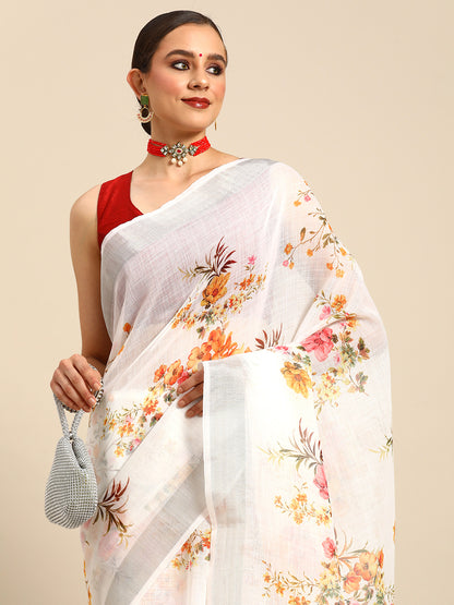 Designer White Cotton Saree