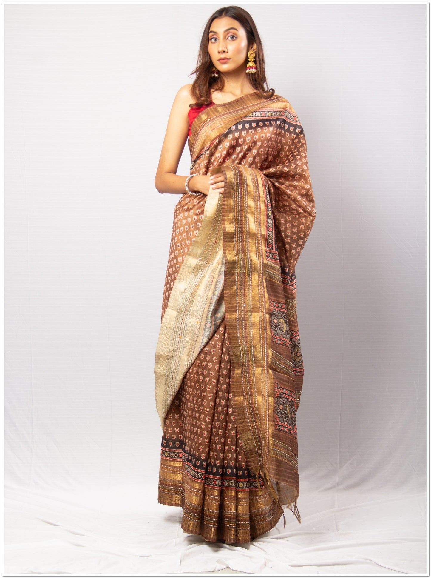 Brown Color Tassar Saree With  Blouse Piece.