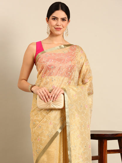 Designer Cream Silk Saree