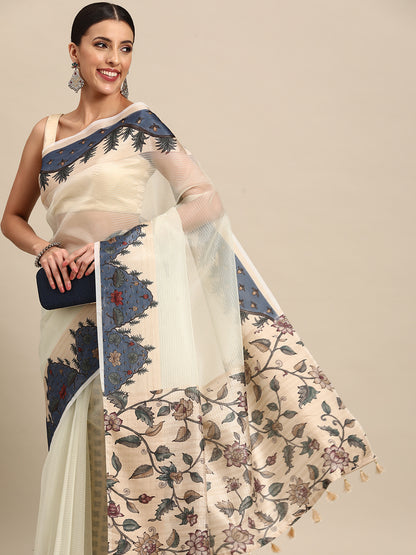 Designer White Silk Saree