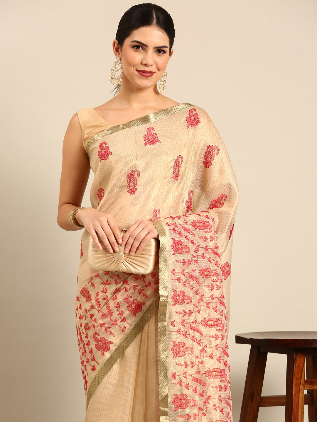 Designer Beige Silk Saree