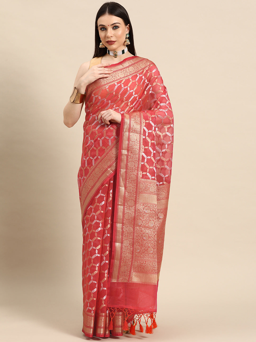 Designer Red Silk Saree