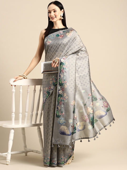 Designer Grey Silk Saree