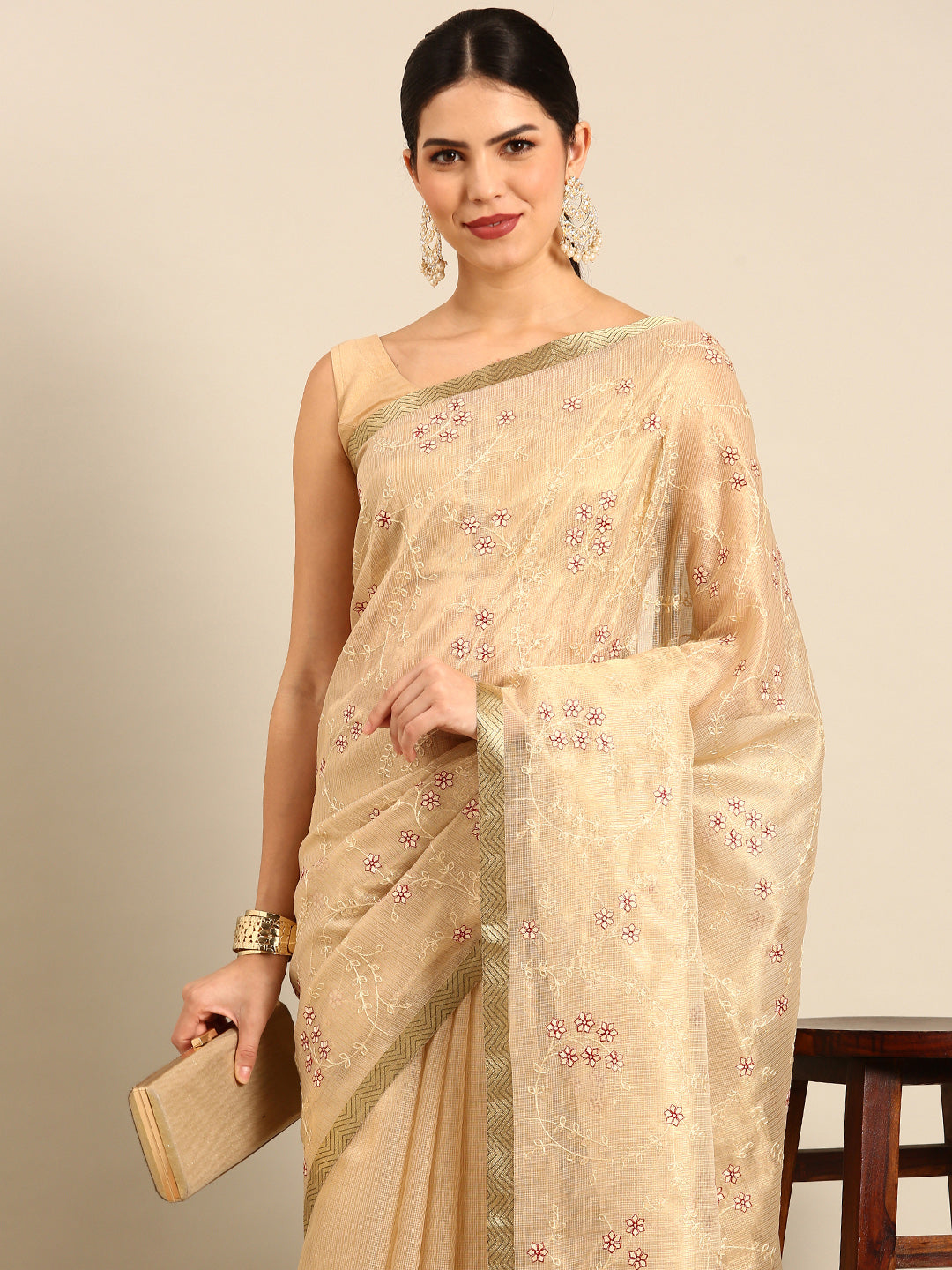 Designer Beige Silk Saree