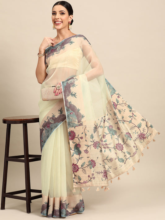 Designer Cream Cotton Saree