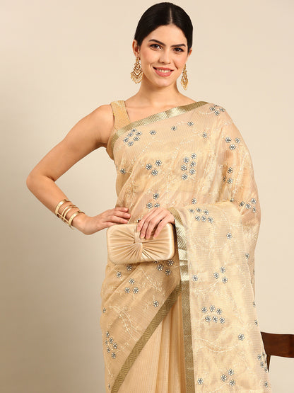 Designer Cream Silk Saree