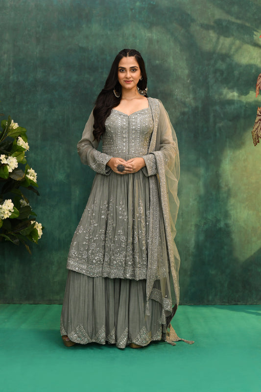 Grey Chanderi & Net Kurta with Palazzo Pants