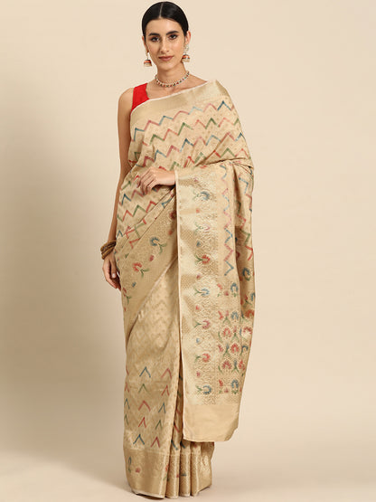 Designer Beige Silk Saree