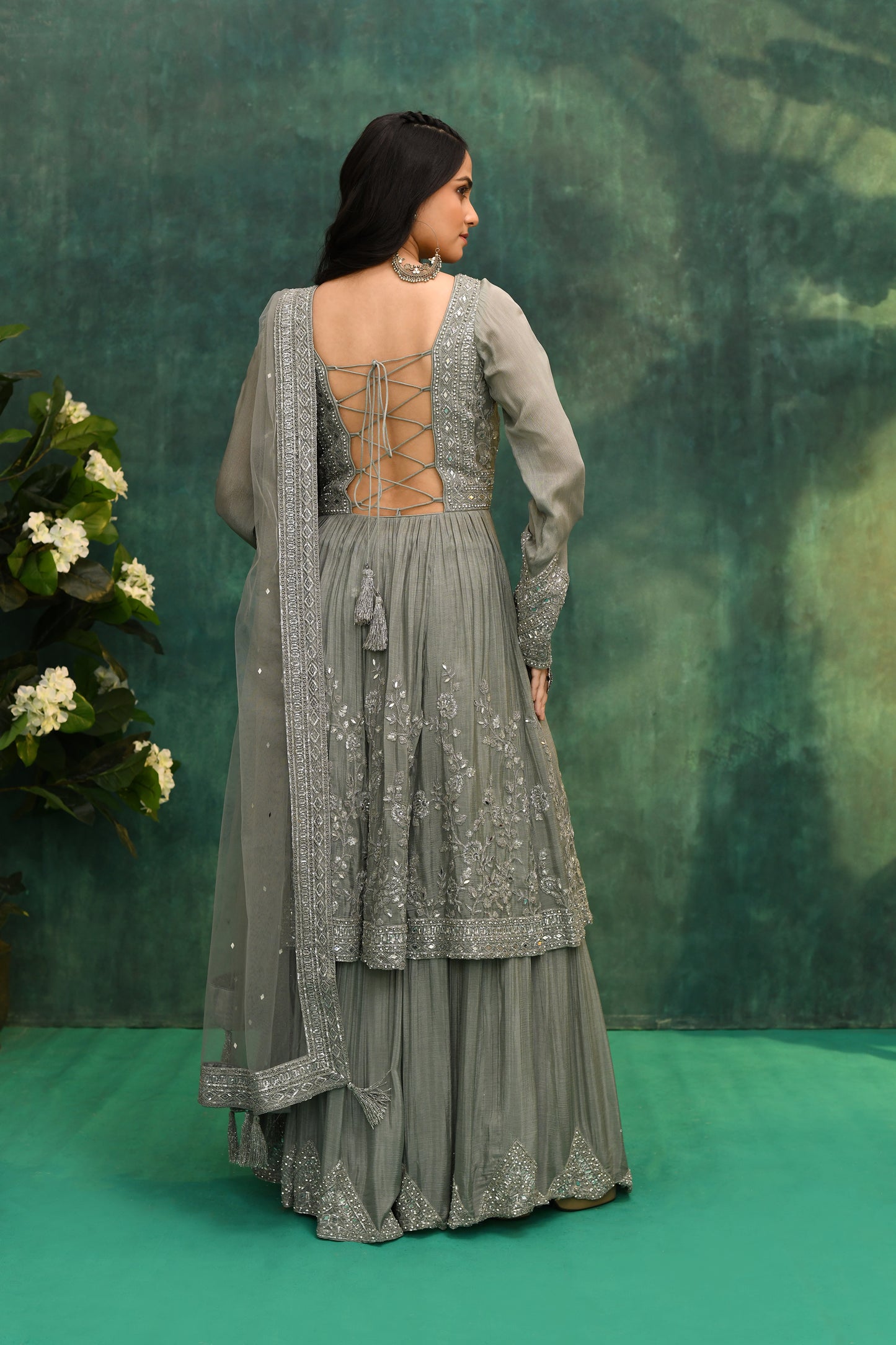 Grey Chanderi & Net Kurta with Palazzo Pants