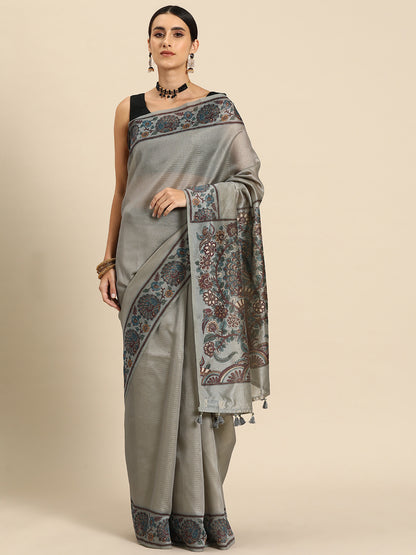 Designer Grey Silk Saree