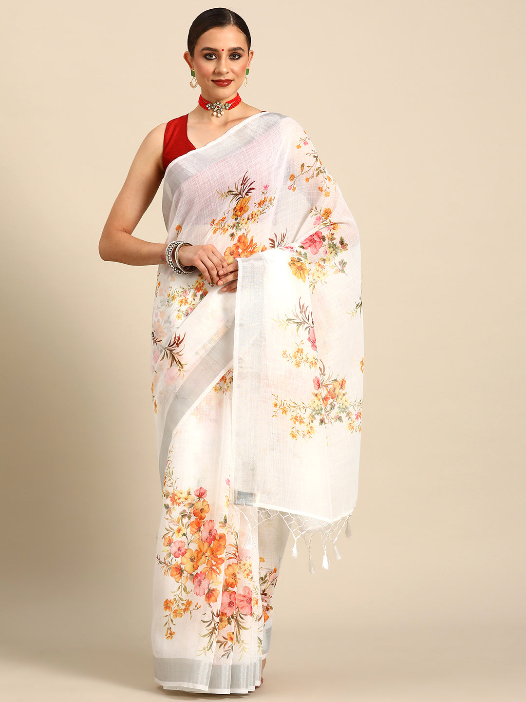 Designer White Cotton Saree