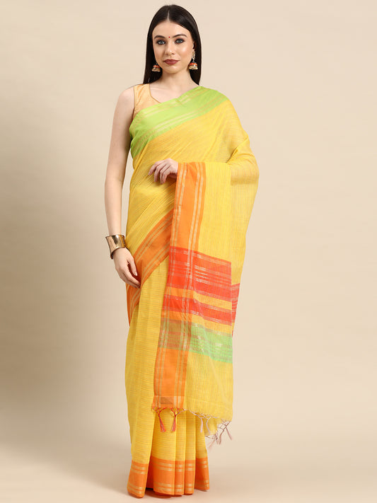 Designer Yellow Linen Blend Saree