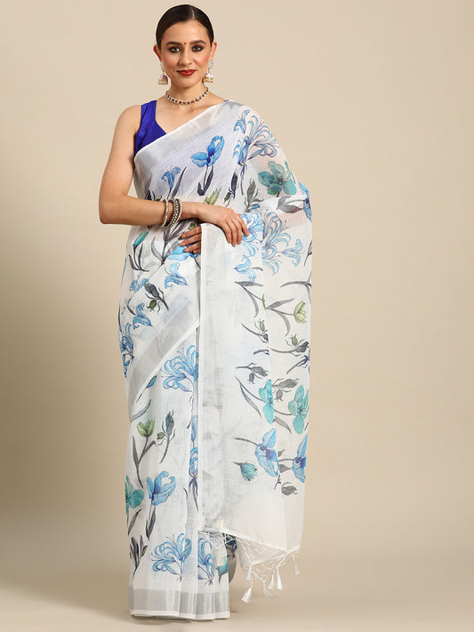 Designer White Cotton Saree