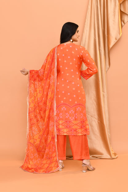 Orange Cotton & Georgette Dupatta Set